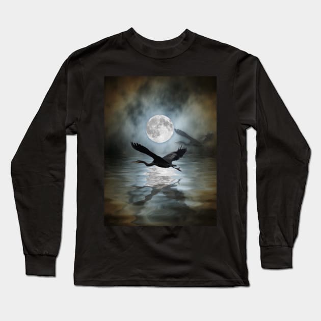 Heron Moon - Great Blue Heron Long Sleeve T-Shirt by Highseller